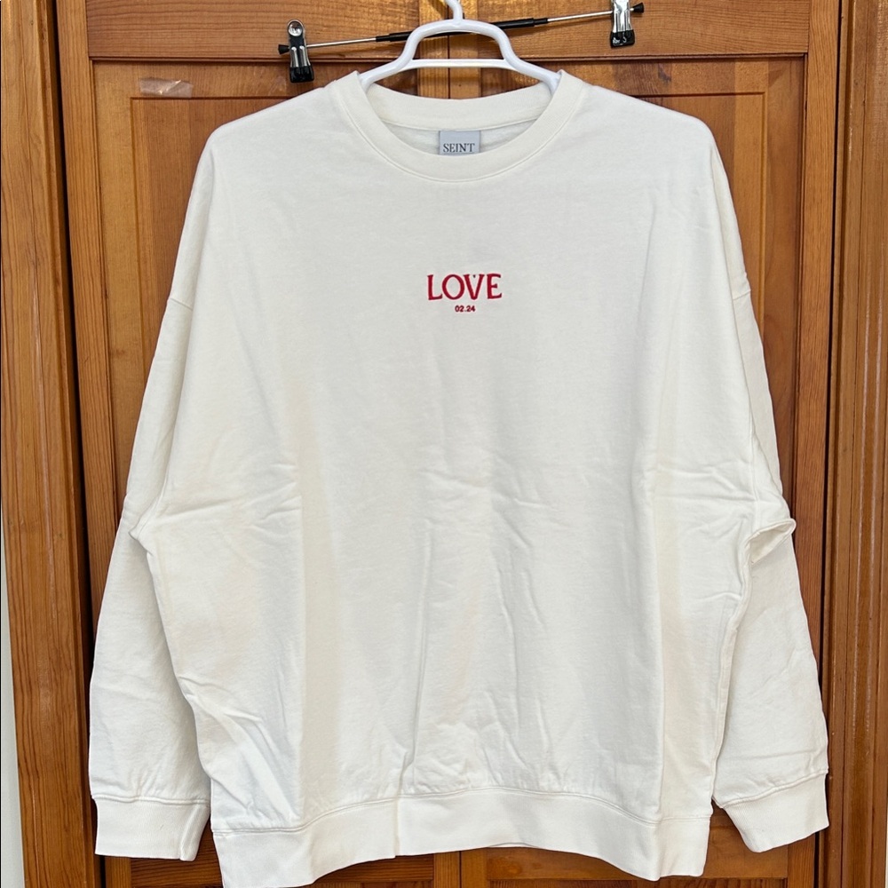 Seint White Oversized Cotton Sweatshirt XXL NWT Red LOVE Embroidered Crewneck
